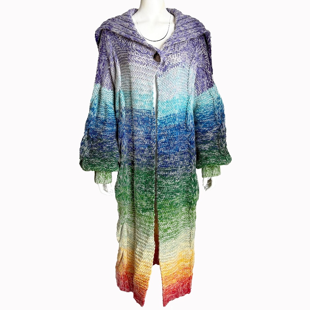 Kansai Yamamoto Rainbow Knit Sweater Long Maxi Duster Vintage 1970s Rare Glam